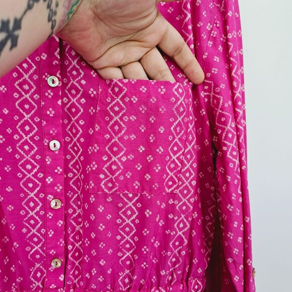 Anthropologie Meadow Rue Shirtdress 8 Pink White Anila Long Roll Tab Sleeve Boho - Picture 4 of 14